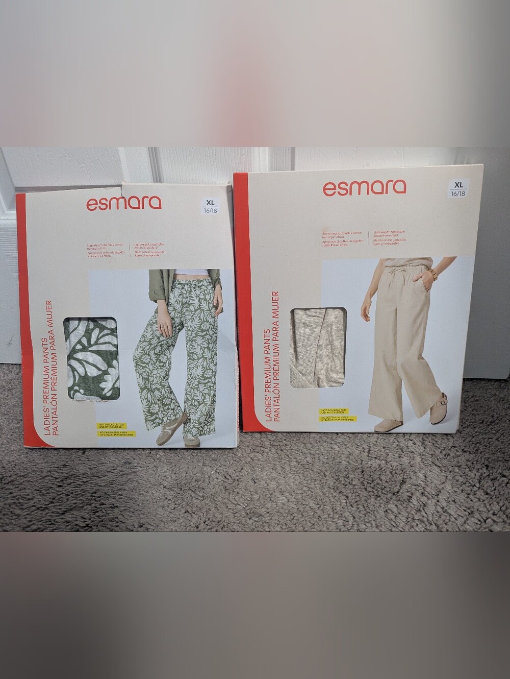 Esmara Women's Wide-Leg Pants -2 pairs- Green Leaf Print & Cream NWT